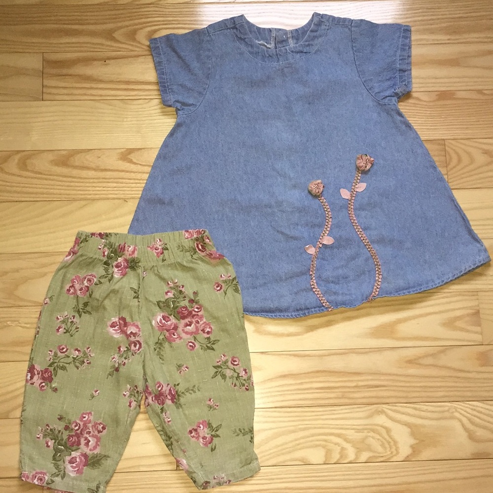 2 Vintage Linen Like Floral & Denim Capri Sets - Picture 5 of 7